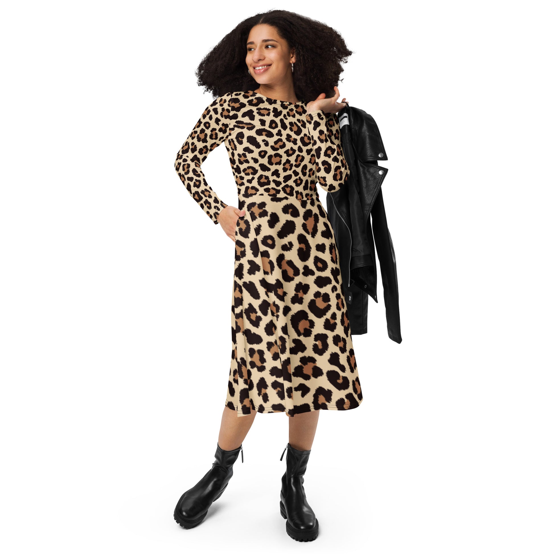 Leopar Chic Feline Women's Long Sleeve Midi Dress - FLAKOUT