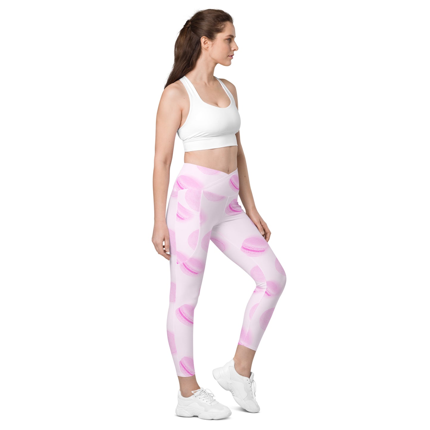 Rosé Macaron Women's Recycled Crossover Leggings With Pockets - FLAKOUT